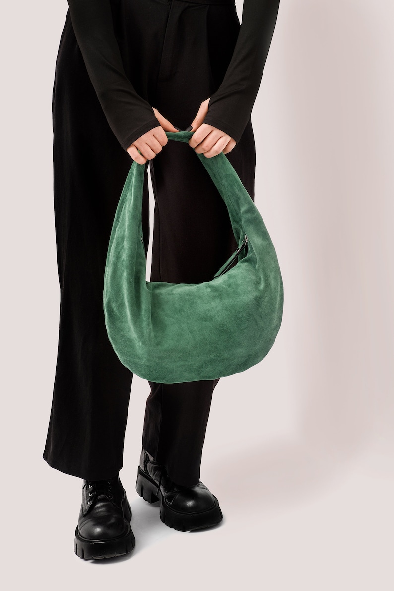 Green Suede Hobo Bag Leather Hobo Bag Green Suede Shoulder Purse Shoulder Bag in Green Suede Fashion Women's Bag Gift for Mom image 3