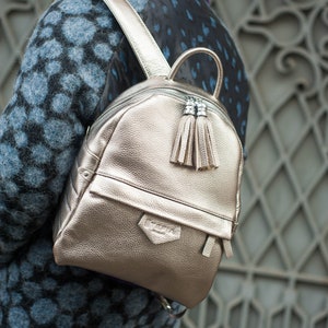 Sac à dos en cuir doré pour femme pour l'école, sac de voyage pour travail urbain, mode de style décontracté, sac doré (argent) fait main