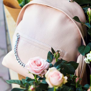 K&ouml;nnte beinhalten: Ein hellrosa Rucksack mit silberner Kette und Rei&szlig;verschluss. Die Tasche besteht aus strukturiertem Material und ist von rosa Rosen und gr&uuml;nem Laub umgeben. Ein modisches Accessoire.