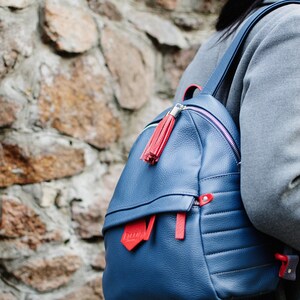 Leather backpack blue and red, Daypack backpack, leather rucksack, women laptop backpack, blue leather backpack, sac a dos femme cuir image 2