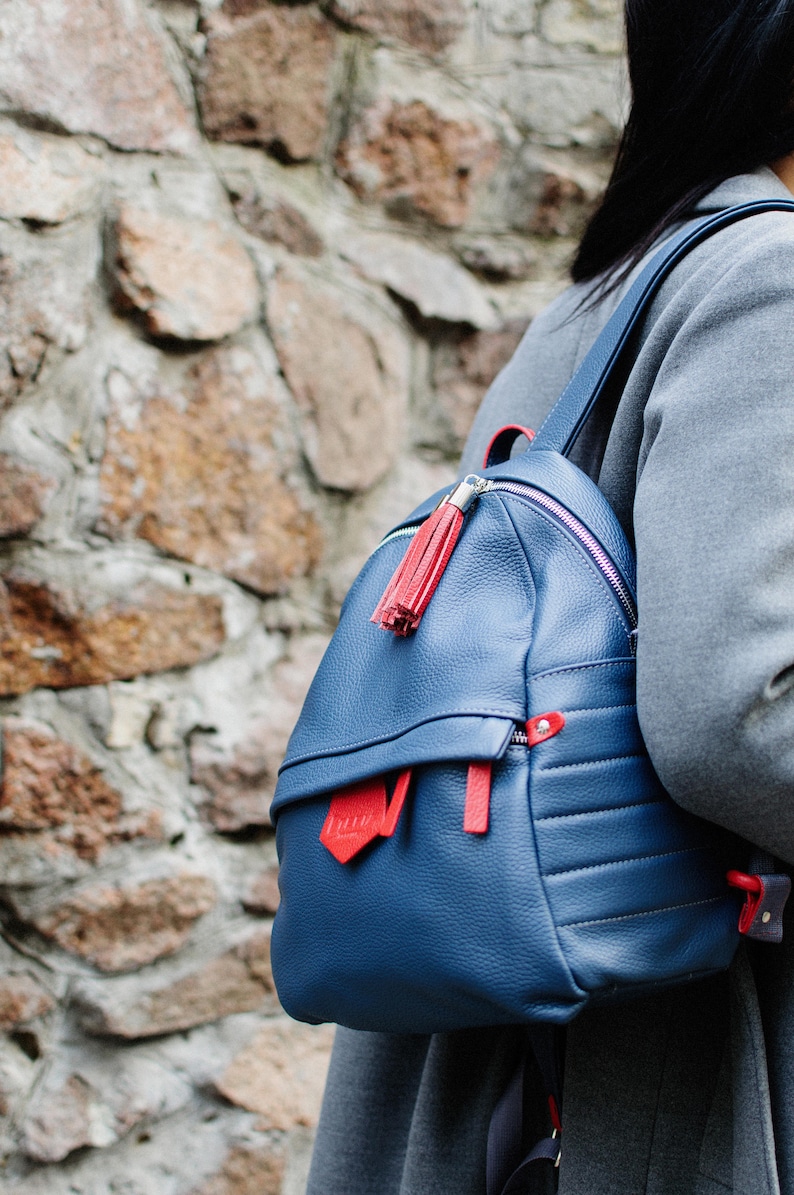 Leather backpack blue and red, Daypack backpack, leather rucksack, women laptop backpack, blue leather backpack, sac a dos femme cuir image 2