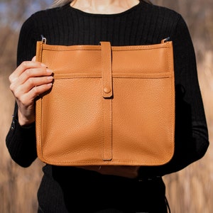 Sac à bandoulière en cuir, sac à bandoulière en cuir, sac cartable, sac messager en cuir caramel avec bandoulière réglable, sac à main en cuir