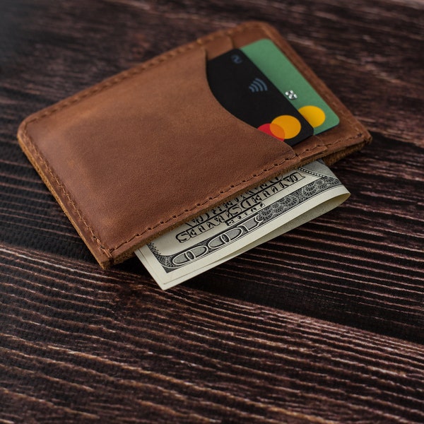 Portefeuille porte-cartes en cuir simple, porte-cartes de crédit minimaliste marron, portefeuille de poche avant personnalisé pour hommes