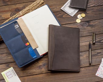 Leather Planner Cover, Refillable Notebook Holder With Card Pockets, Handmade Leather Organizer for Work