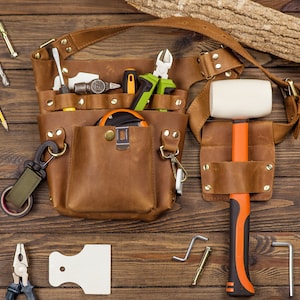 Brauner Leder-Werkzeuggürtel, Gürteltasche für Werkzeuge, Werkzeugbeutel, personalisiertes Geschenk für sie, Schraubenschlüsselhalter, Geschenk für Tischler, kundenspezifischer Werkzeuggürtel