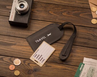 Black Real Leather Luggage Tag, Personalized Travel Bag Tag, Suitcase ID Tag for Traveler Gift