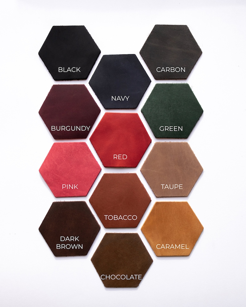 May include: Leather swatches in various colors, including black, navy, burgundy, red, pink, taupe, tobacco, dark brown, caramel, and chocolate. The swatches are arranged in a honeycomb pattern.