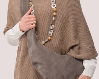 Long Handle Suede Bag - Gray Suede Hobo Bag - Leather Hobo Bag - Soft Suede Purse - Suede Slouchy Bag - Raunded Bag - Mother's Day Gift