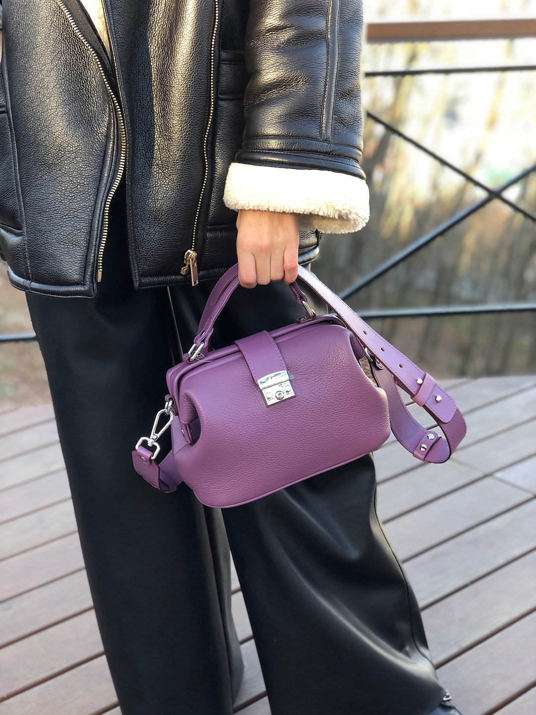 Black EPSOM Leather HAND STITCHED Satchel Shoulder Tote. 