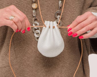 White Leather AirPods Pouch: Drawstring Coin & Jewelry Bag