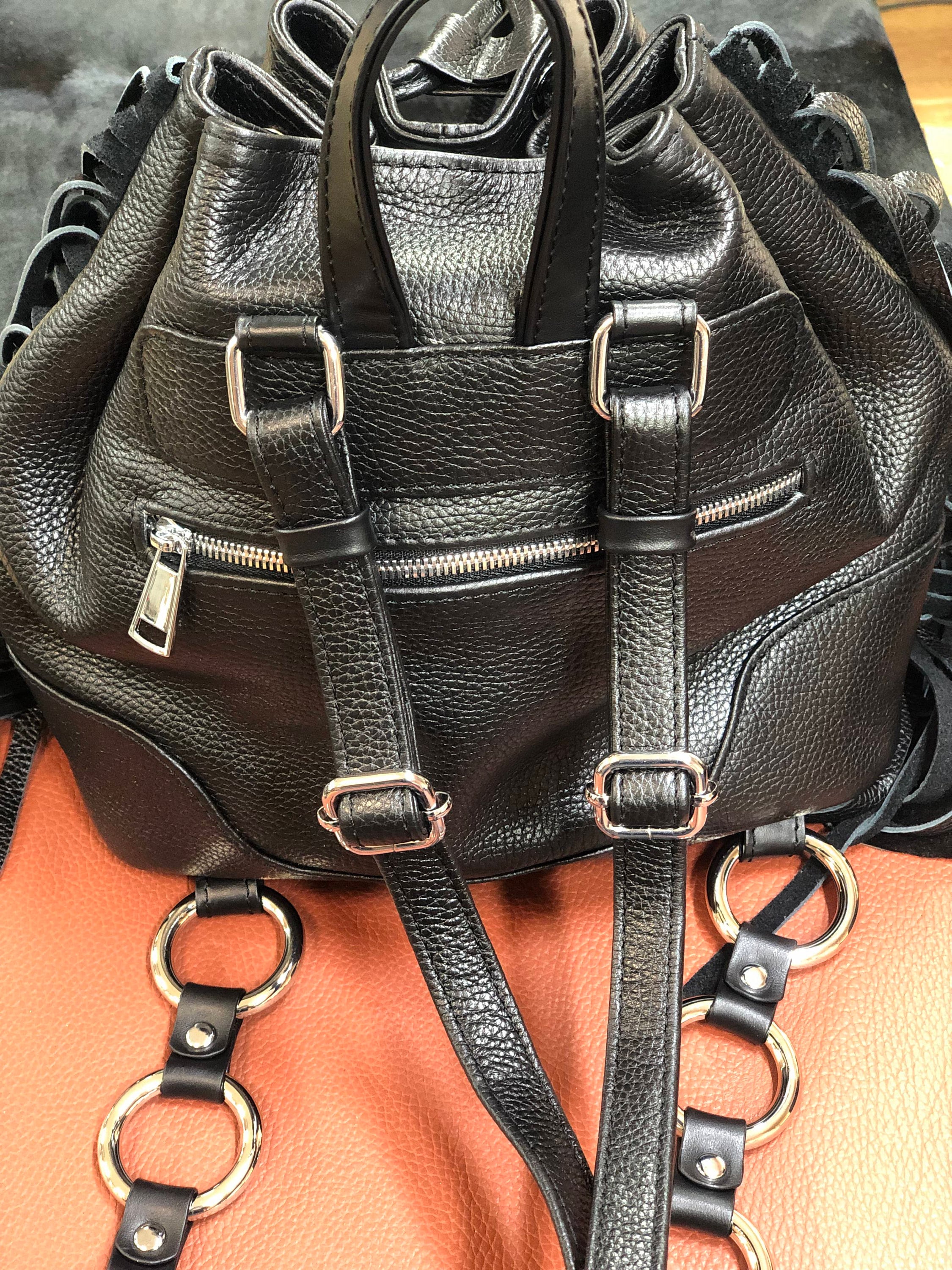Black leather backpack with fringe tassel women laptop | Etsy