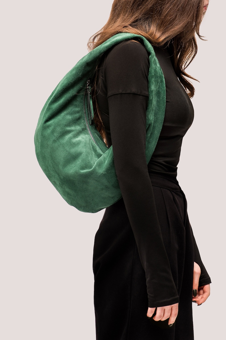 Green Suede Hobo Bag Leather Hobo Bag Green Suede Shoulder Purse Shoulder Bag in Green Suede Fashion Women's Bag Gift for Mom image 4