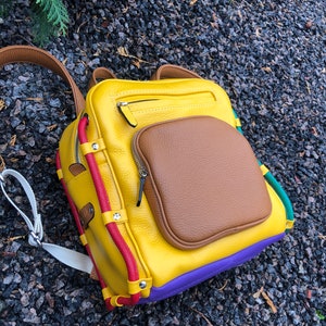 Multicolor leather backpack, women's rucksack for school, urban work travel bag, casual, handmade backpack, sac a dos cuir, rainbow backpack image 3