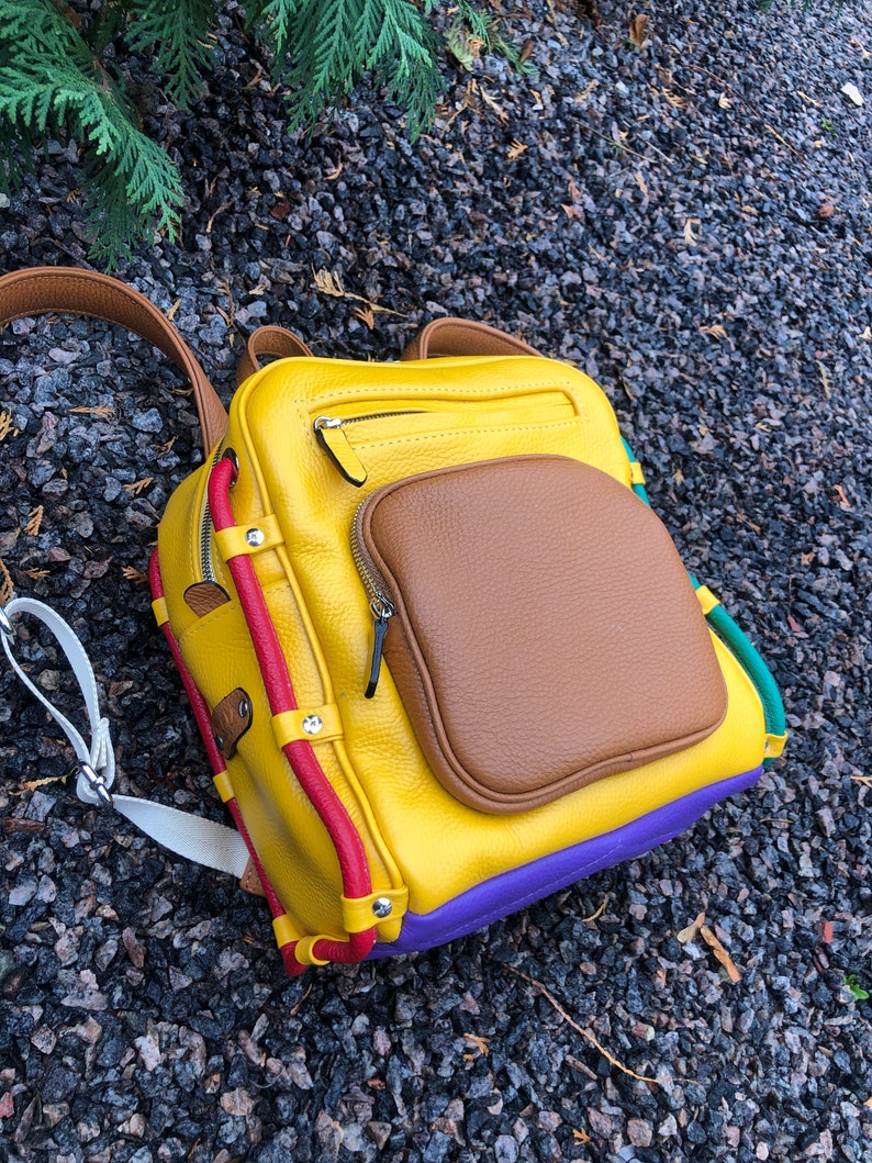 Multicolor leather backpack, women's rucksack for school, urban work travel bag, casual, handmade backpack, sac a dos cuir, rainbow backpack image 3