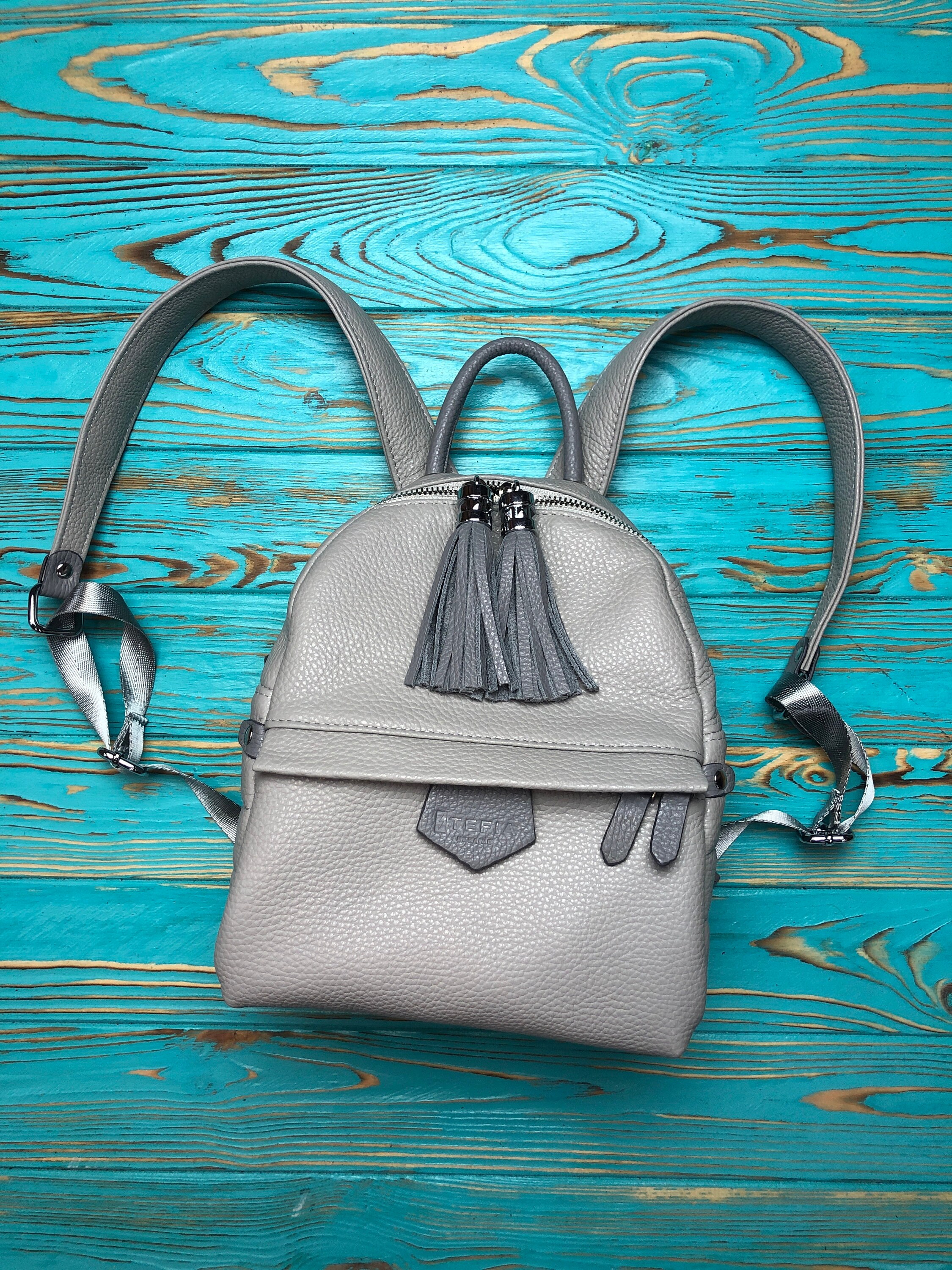 Grey Leather Woman Mini Backpack Leather Backpack Purse Gift