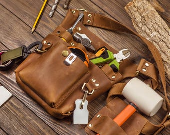 Leather Tool Pouch Multi Compartment Holder Crazy Horse Organizer Handcrafted Design Workshop Accessory Carpenter Gift Construction Worker
