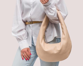 Beige Leather Hobo Bag: Rounded Slouchy Shoulder Purse