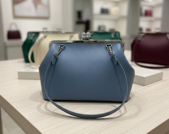 Blue Leather Kisslock Frame Bag, Vintage Clasp Shoulder Purse, Handmade Leather Handbag, Custom Color Frame Purse