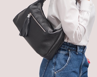 Black Real Leather Shoulder Bag, Slouchy Hobo Purse with Front Zip Pocket