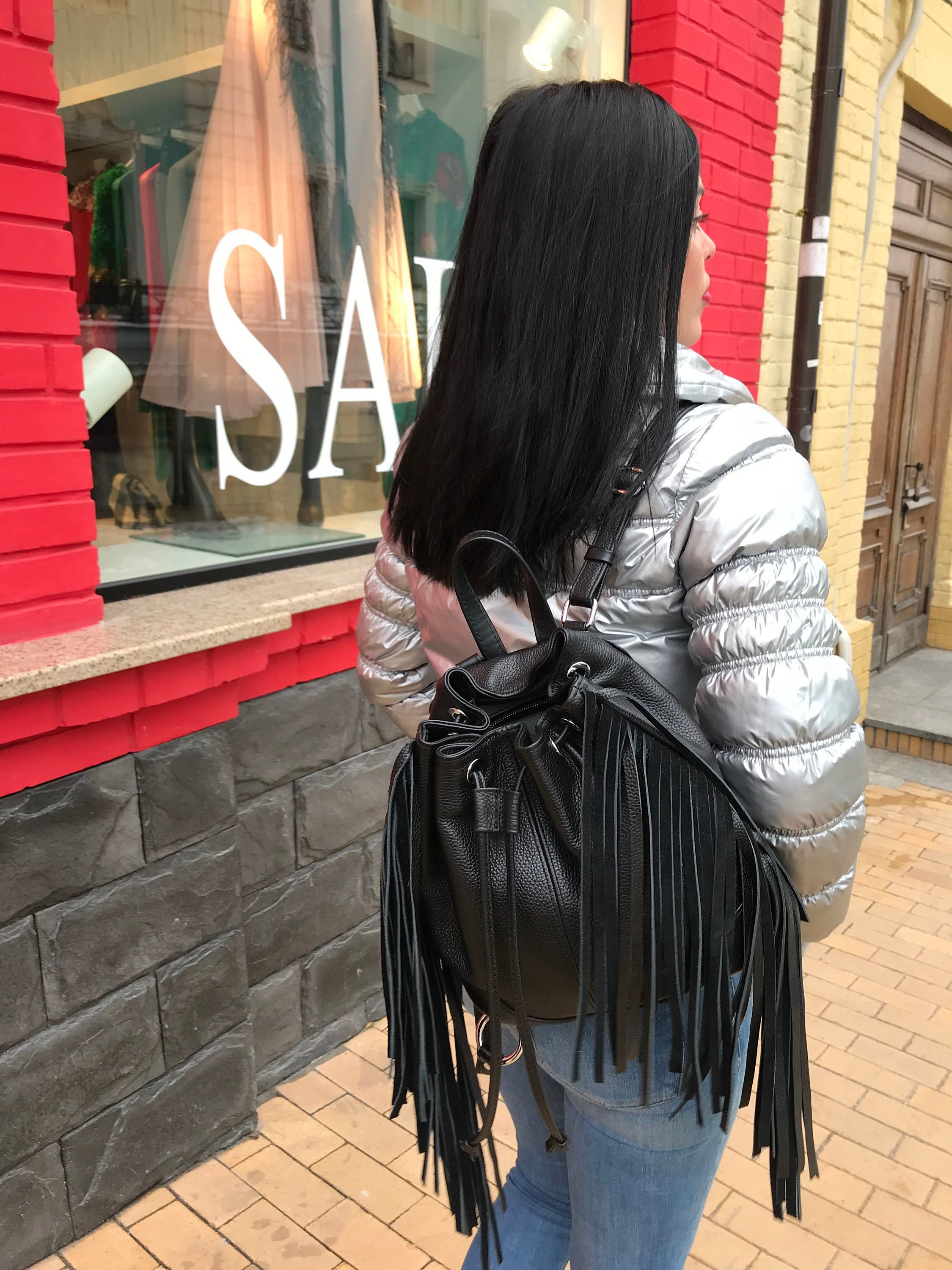 Hadaki Womens Leather Backpack Purse Black Tassel Fringe Convertible Boho Goth Black Leather Fringe Backpack, Leather Purse - Etsy main image 2