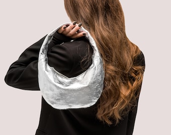 Silver Leather Hobo Bag: Metallic Evening Clutch, Party Purse