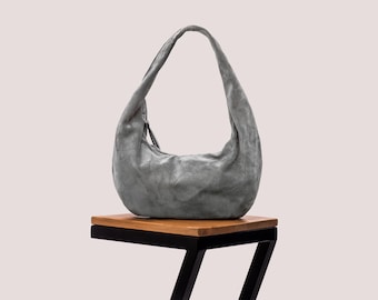 Grey Suede Hobo Bag, Slouchy Shoulder Purse, Soft Leather Hobo Bag, Crescent Suede Handbag, Gift for Her