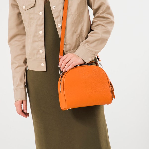 Italian Leather Cross Body Bag, Women's Crossbody Purse Orange, Ladies Top Handle Bag, Medium Size Leather Bag, Shoulder Bags