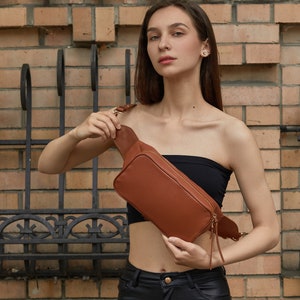 Leather Bum Bag Belt bag Fanny Bag Pack Modern Lady Bag Soft Brown Leather Handbag Leather fanny pack women Travel Purse image 4