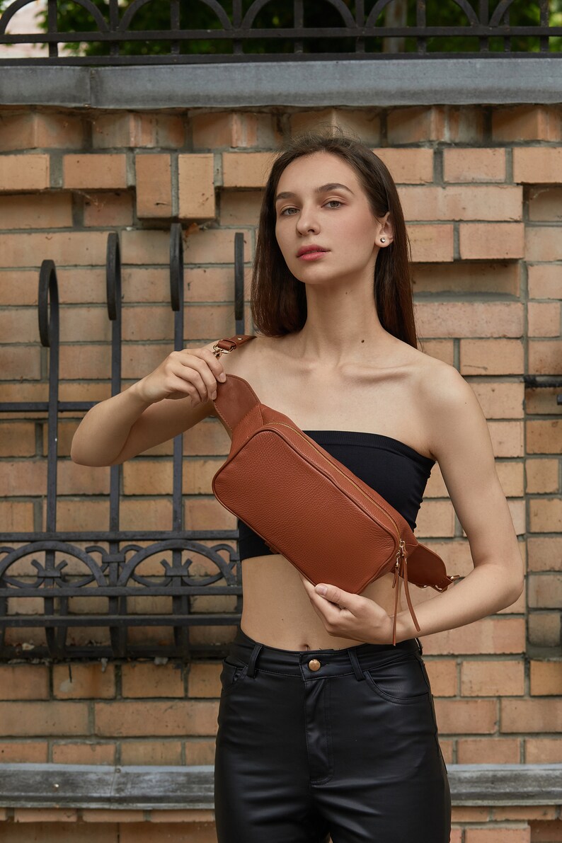 Leather Bum Bag Belt bag Fanny Bag Pack Modern Lady Bag Soft Brown Leather Handbag Leather fanny pack women Travel Purse image 4