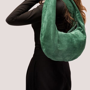 Green Suede Hobo Bag Leather Hobo Bag Green Suede Shoulder Purse Shoulder Bag in Green Suede Fashion Women's Bag Gift for Mom image 2