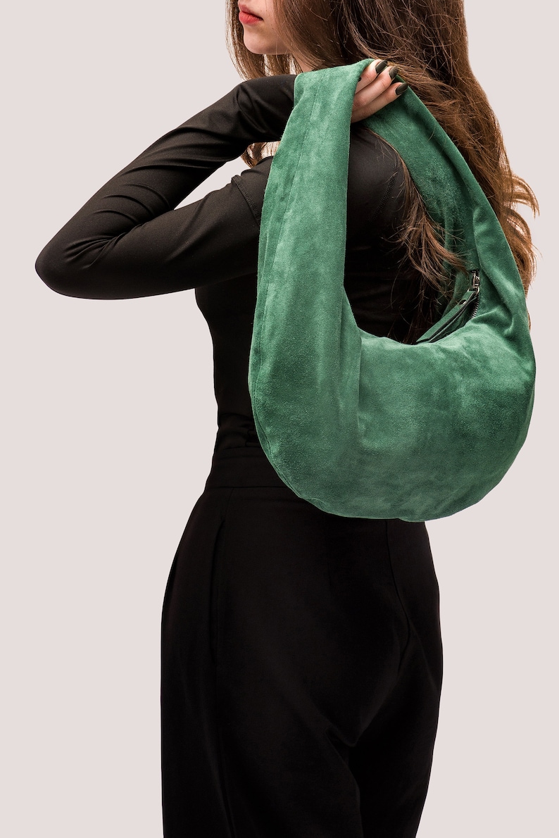 Green Suede Hobo Bag Leather Hobo Bag Green Suede Shoulder Purse Shoulder Bag in Green Suede Fashion Women's Bag Gift for Mom image 2