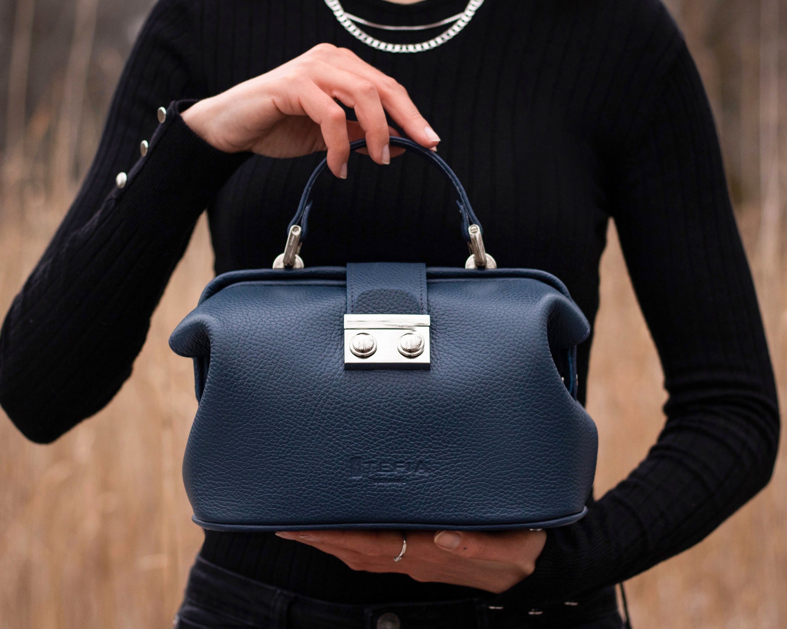 Small Leather Bag Navy Blue