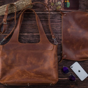 Leder-Einkaufstasche mit innerer Reißverschlusstasche, weiche braune Leder-Frauen-Handtasche, Schultertasche