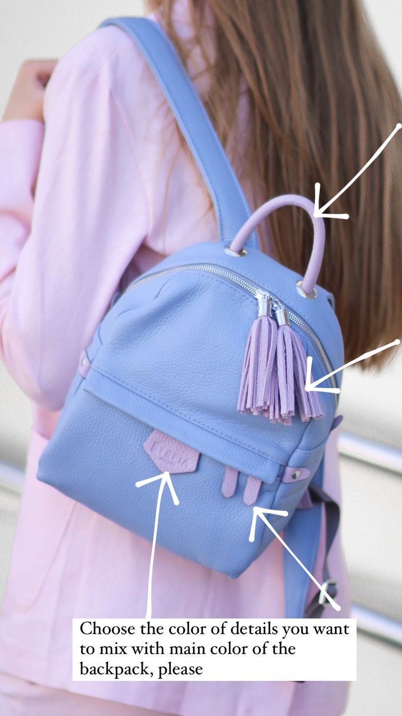 Blue leather backpack, kids backpack, leather backpack for women, fancy mini backpack, college zipper iPad backpack image 4