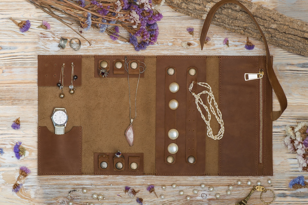 Leather Jewelry Roll Organizer Gift for Mothers Day Etsy
