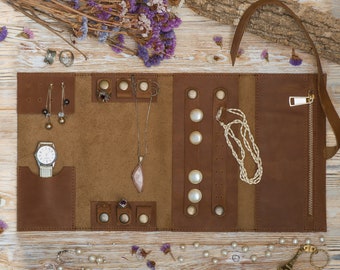 Personalized Leather Jewelry Roll Organizer: Travel Jewelry Case