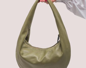 Green Leather Hobo Bag - Hobo Bag - Leather Purse - Medium Shoulder Bag in Khaki Leather - Leather Bag - Raunded Soft Bag - Gift for Girl