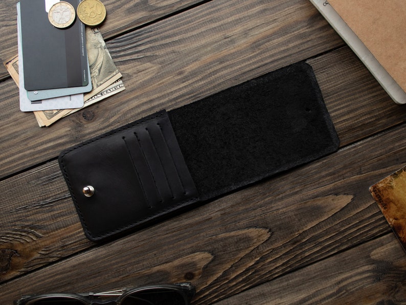 Cartera de cuero negro personalizada, titular de tarjeta de crédito para hombres, billetera minimalista, billetera de soporte de identificación para hombres, regalo para él o ella imagen 3
