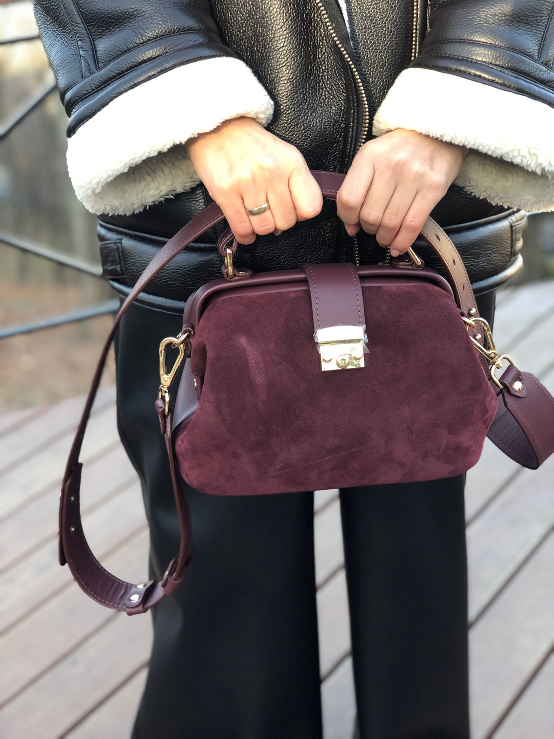 Suede Doctor Bag Burgundy Leather Bag Crossbody Bag Medium Shoulder Purse Vintage Leather Bag Suede Briefcase Bag Etsy