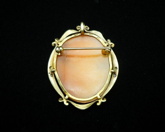 Vintage 14KT Diamond Hand Carved Shell Cameo Broo… - image 4