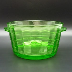 Antique Anchor Hocking Block Optic Uranium Glass Butter Tub, Green Depression Glass Butter Dish