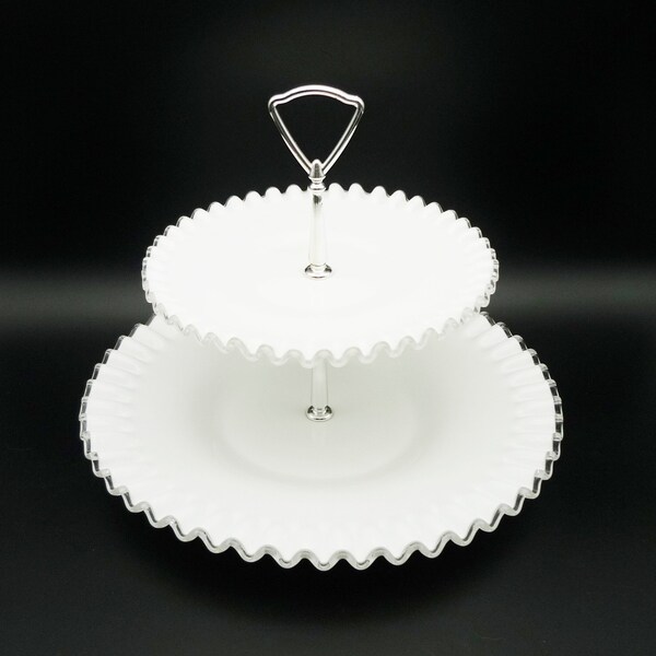 Vintage 12" Fenton Silver Crest Two Tier Crimped Edge Glass Serving Tray, Fenton Milk Glass Tray, White Serving Tray