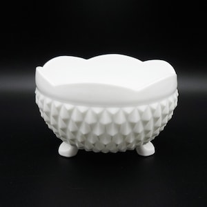 Vintage Indiana Milk Glass Diamond Point Scalloped 3 Toed Bon Bon, Milk Glass Candy Dish