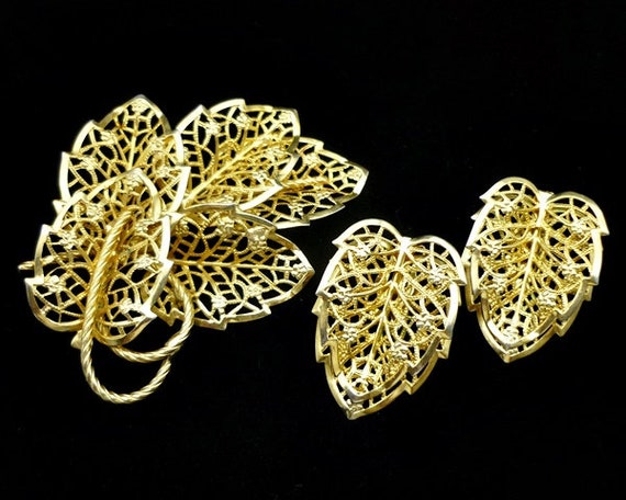 Vintage Judy Lee Gilded Leaves Brooch Clip Earrin… - image 2