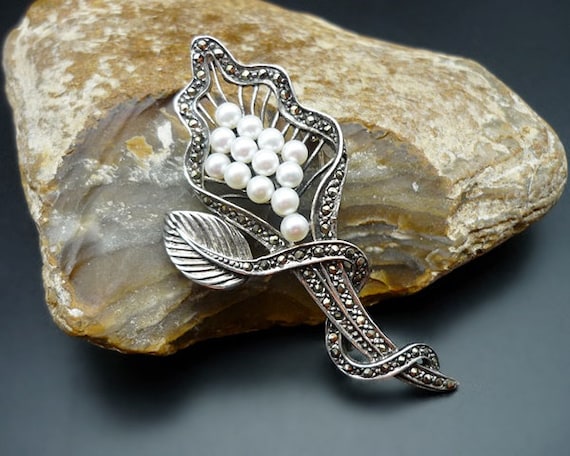 Antique Sterling Silver Freshwater Pearl Marcasit… - image 1