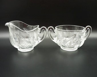 Vintage Sugar and Creamer Set, Sugar Bowl, Vintage Glassware, Etched Glassware, Serving Set, Etched Fern Leaf Sugar and Creamer Set