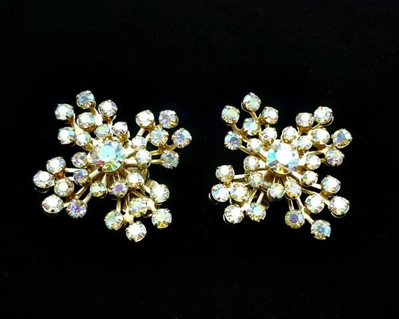 Vintage Aurora Borealsis Starburst Clip On Earrin… - image 2