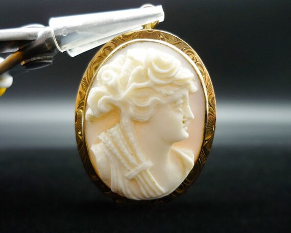 Vintage 10KT Hand Carved Pink Conch Shell Cameo B… - image 6