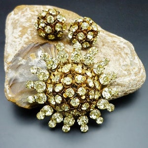 Vintage Miriam Haskell Brooch Earring Set: Gold Gilt Crystal Jewelry