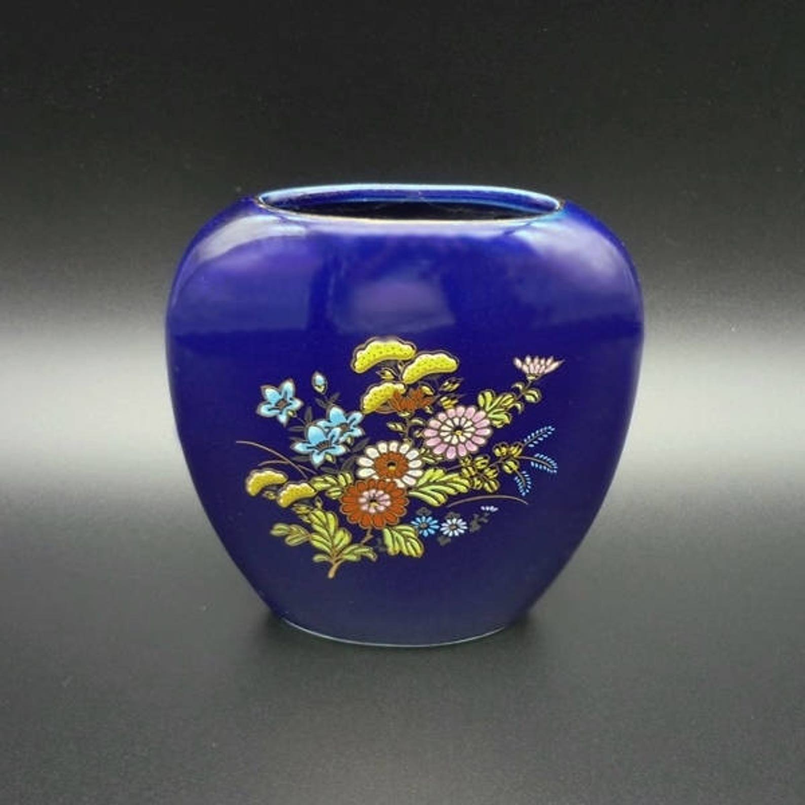 Vintage Hand Painted Blue Japanese Vase Floral Japanese Vase Etsy